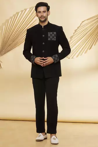 Black embroidered suede velvet bandhgala for men