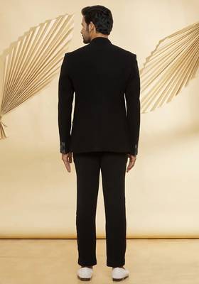 Black embroidered suede velvet bandhgala for men 2