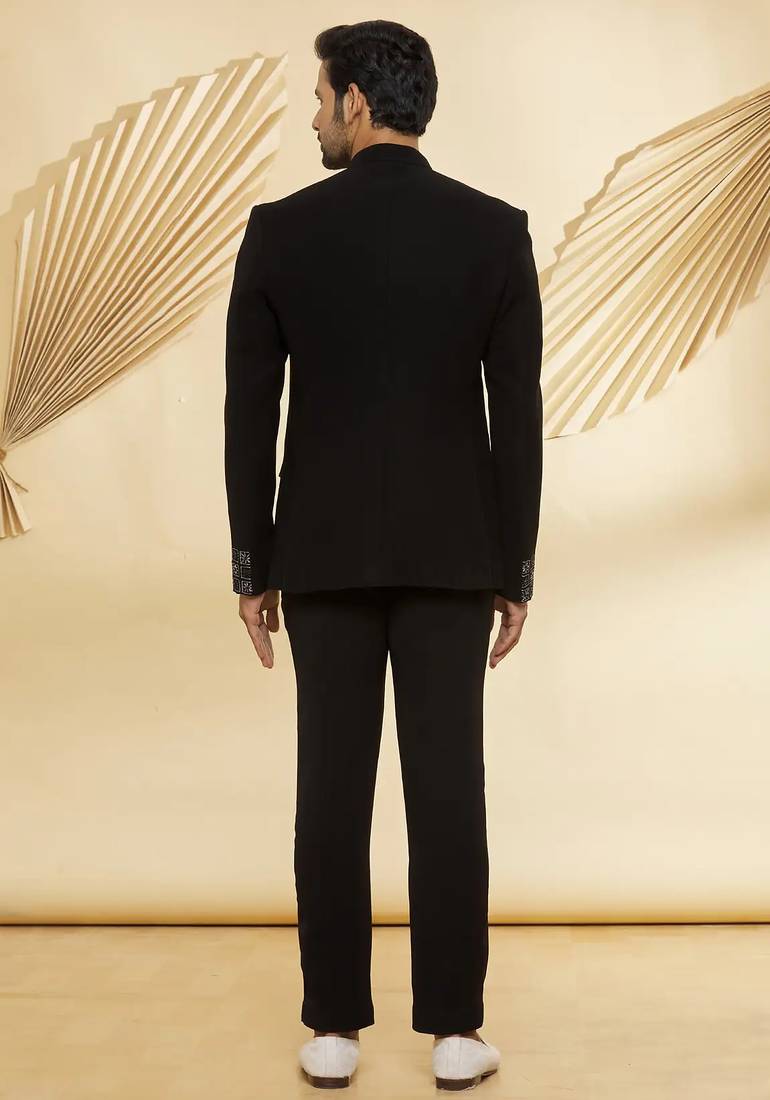 Black embroidered suede velvet bandhgala for men