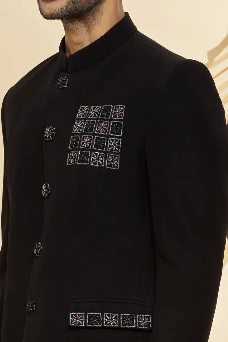 Black embroidered suede velvet bandhgala for men