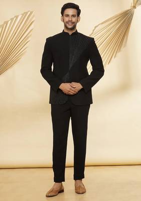 Black embroidered suede velvet bandhgala for men 1