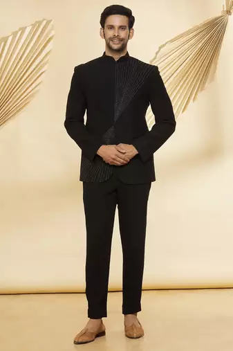 Black embroidered suede velvet bandhgala for men