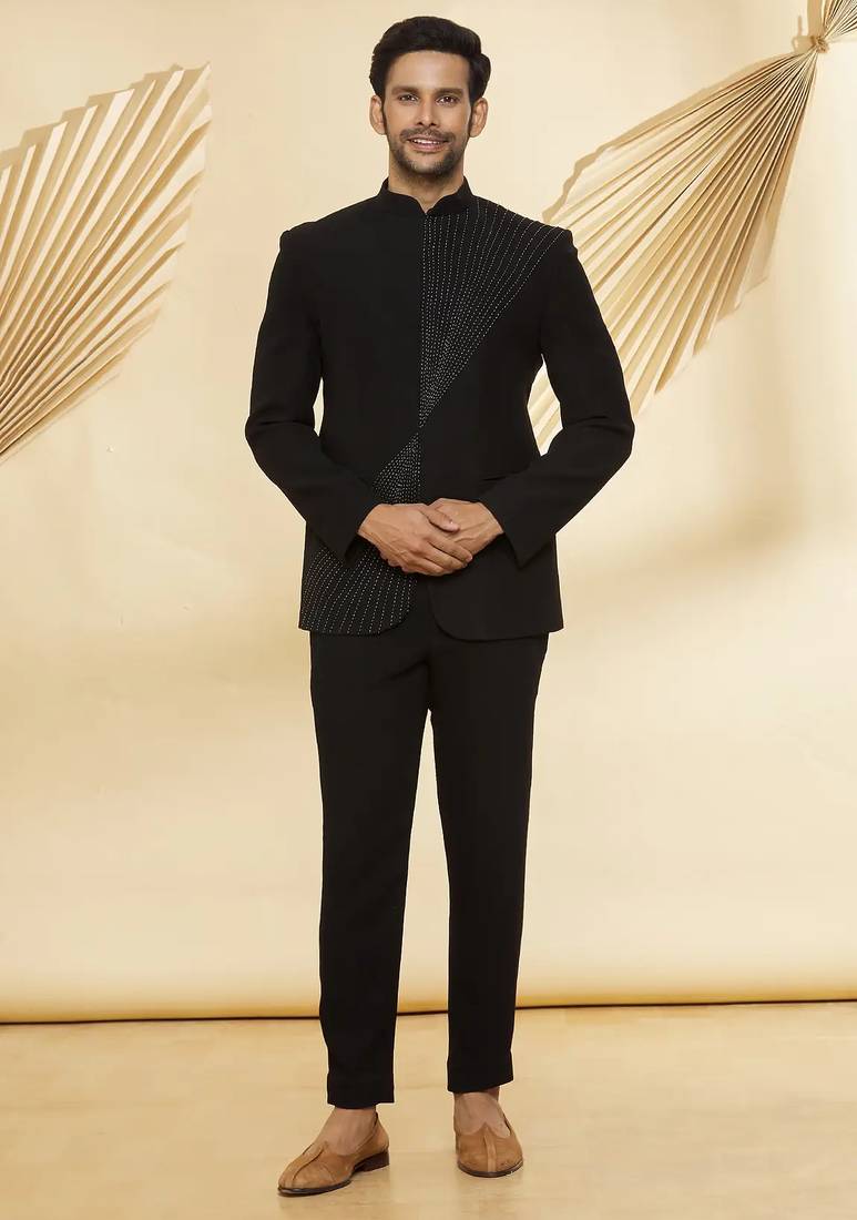 Black embroidered suede velvet bandhgala for men