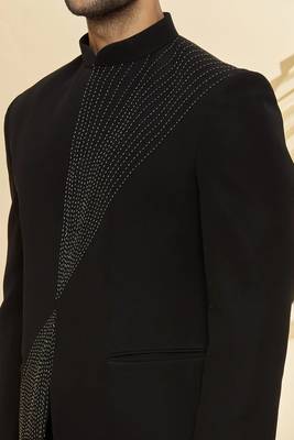 Black embroidered suede velvet bandhgala for men 3