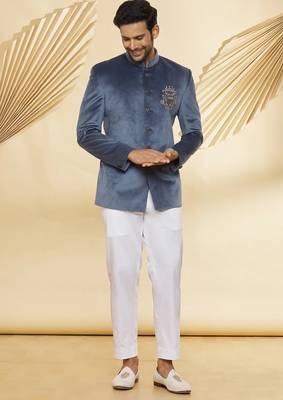 Grey embroidered suede velvet bandhgala for men 1