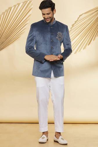 Grey embroidered suede velvet bandhgala for men