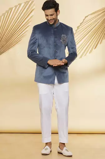 Grey embroidered suede velvet bandhgala for men