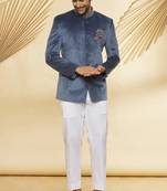 Grey embroidered suede velvet bandhgala for men