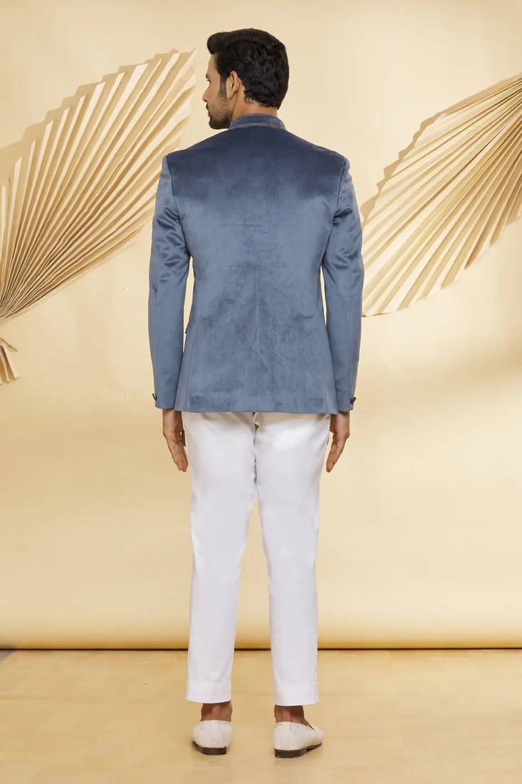 Grey embroidered suede velvet bandhgala for men