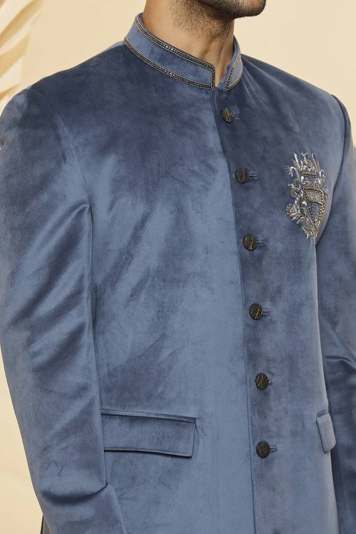 Grey embroidered suede velvet bandhgala for men