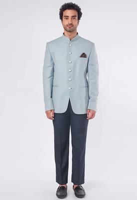 Blue solid suiting bandhgala for men 1