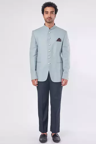 Blue solid suiting bandhgala for men