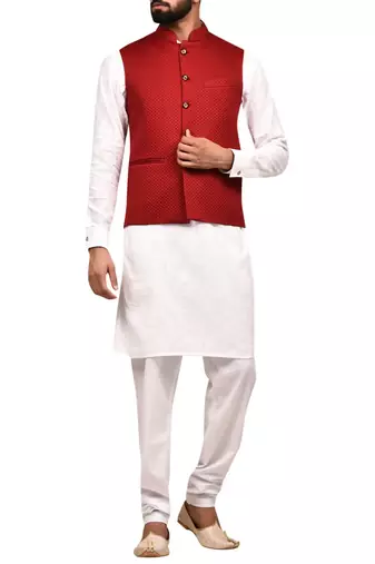 White solid art silk kurta churidar nehru jacket set for men
