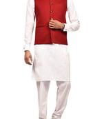 White solid art silk kurta churidar nehru jacket set for men
