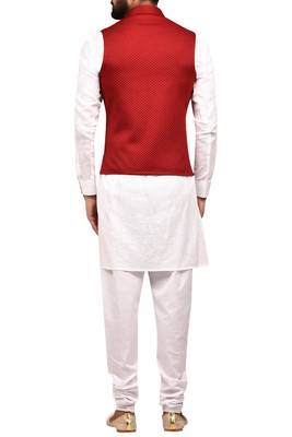 White solid art silk kurta churidar nehru jacket set for men 2