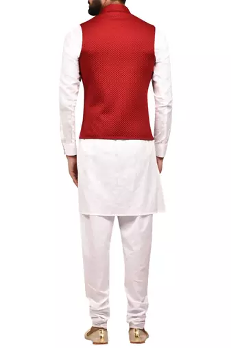 White solid art silk kurta churidar nehru jacket set for men