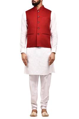 White solid art silk kurta churidar nehru jacket set for men 3