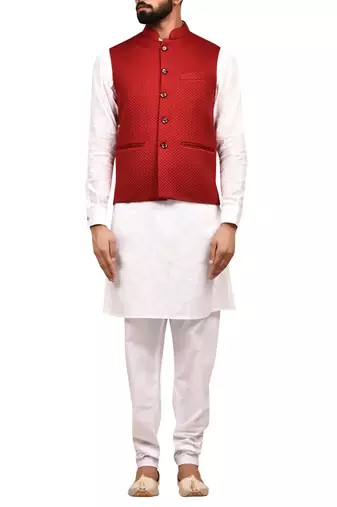 White solid art silk kurta churidar nehru jacket set for men