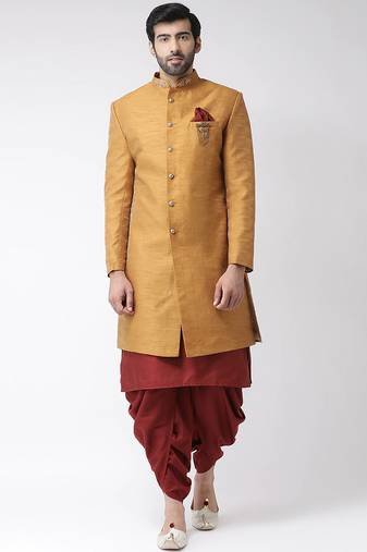 Maroon solid art silk semi indo western dresses for men