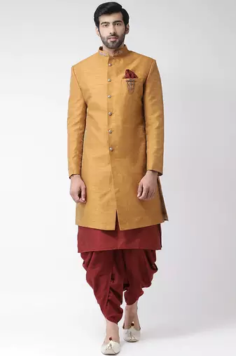 Maroon solid art silk semi indo western dresses for men