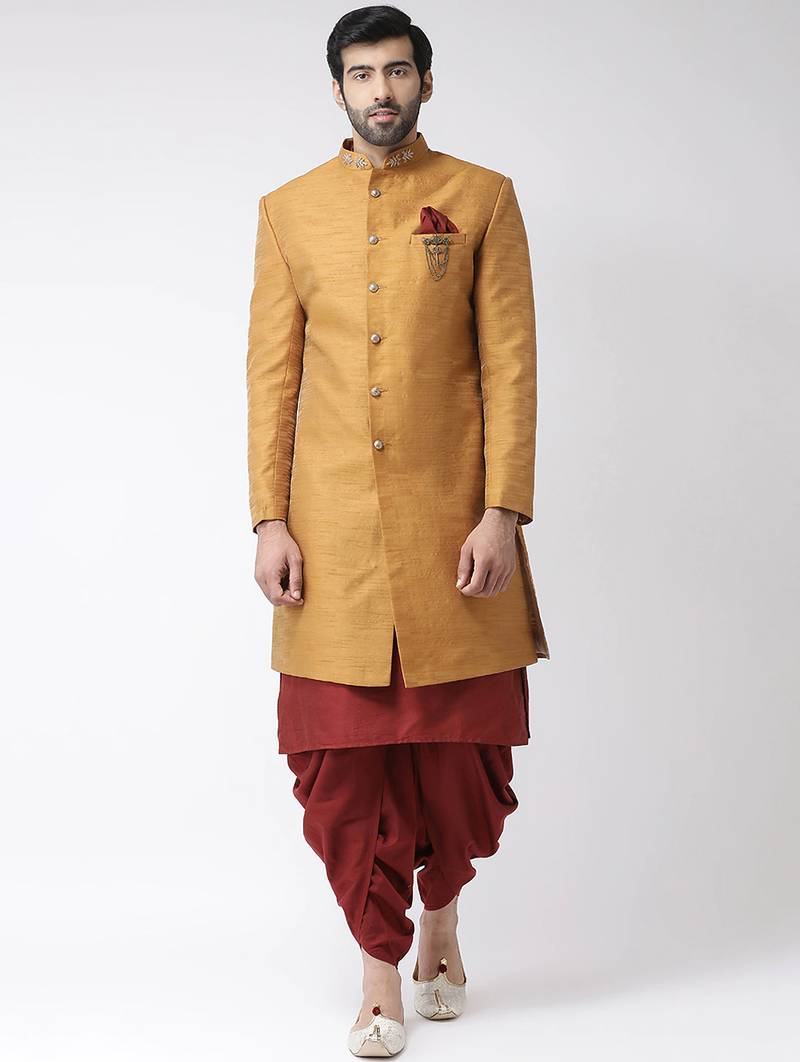 Maroon solid art silk semi indo western dresses for men