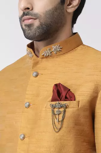 Maroon solid art silk semi indo western dresses for men