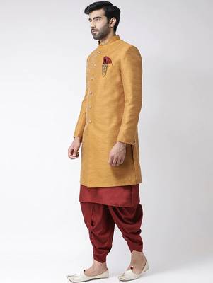 Maroon solid art silk semi indo western dresses for men 3