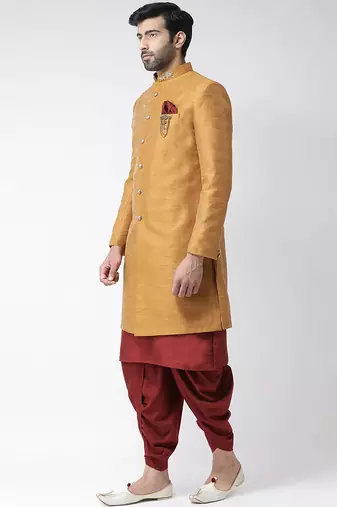 Maroon solid art silk semi indo western dresses for men
