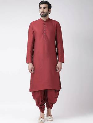 Maroon solid art silk semi indo western dresses for men 4