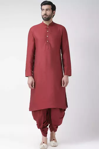 Maroon solid art silk semi indo western dresses for men