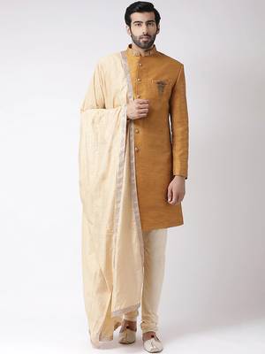 Cream solid art silk semi indo western dresses for men 1