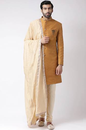 Cream solid art silk semi indo western dresses for men