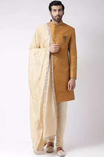 Cream solid art silk semi indo western dresses for men