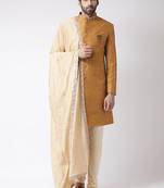 Cream solid art silk semi indo western dresses for men