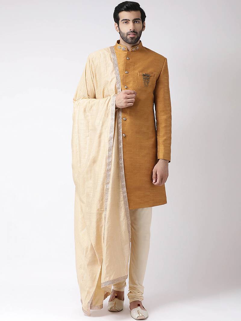 Cream solid art silk semi indo western dresses for men