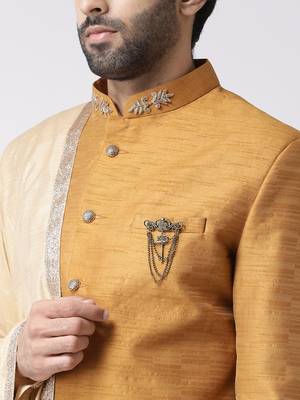 Cream solid art silk semi indo western dresses for men 2
