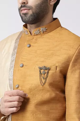 Cream solid art silk semi indo western dresses for men