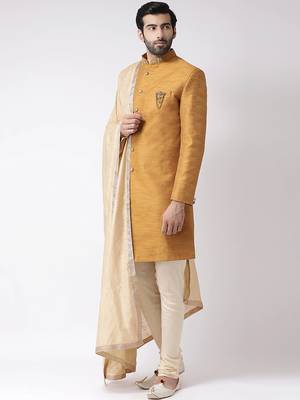 Cream solid art silk semi indo western dresses for men 3