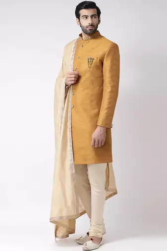 Cream solid art silk semi indo western dresses for men