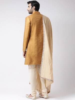 Cream solid art silk semi indo western dresses for men 4