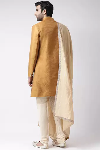 Cream solid art silk semi indo western dresses for men