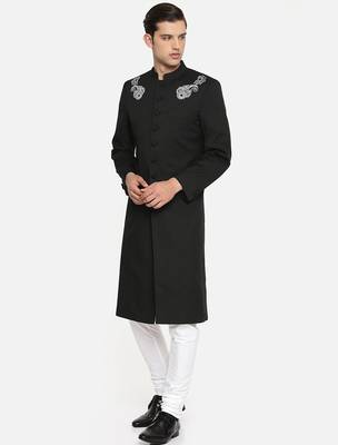 Cream solid linen cotton semi indo western dresses for men 3