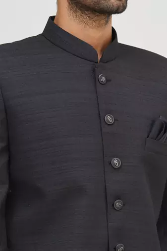 Black solid art silk semi indo western dresses for men