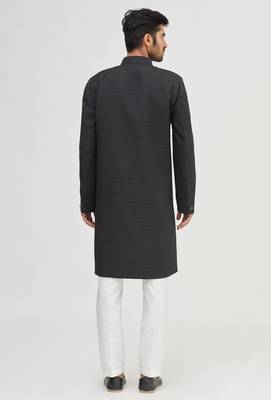 Black solid art silk semi indo western dresses for men 3