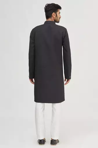 Black solid art silk semi indo western dresses for men
