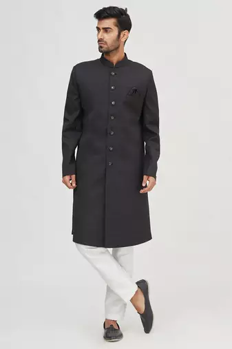 Black solid art silk semi indo western dresses for men