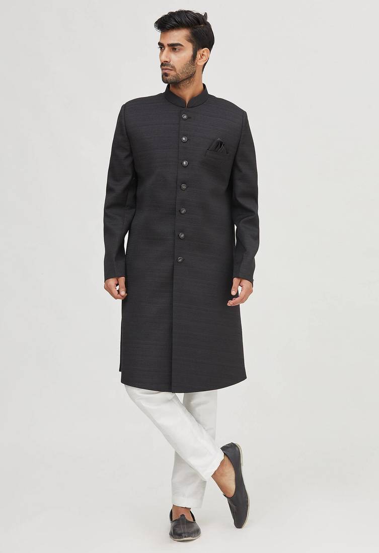Black solid art silk semi indo western dresses for men