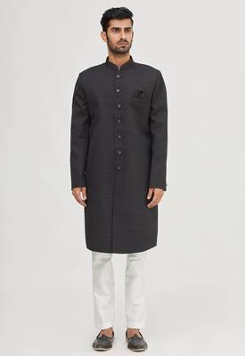Black solid art silk semi indo western dresses for men 4