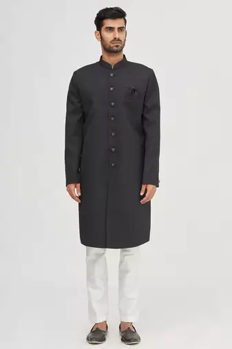 Black solid art silk semi indo western dresses for men