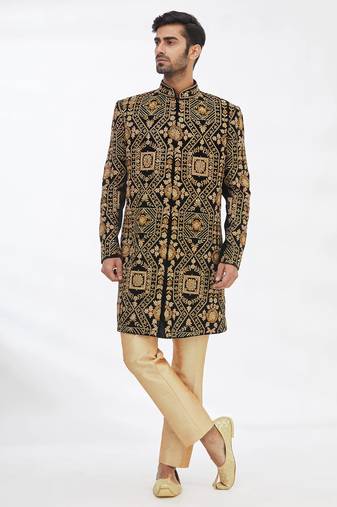 Black solid imported armani sherwani for men